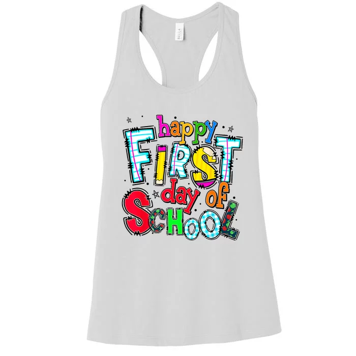 Happy First Day Of School Gifts Students Teachers Women's Racerback Tank