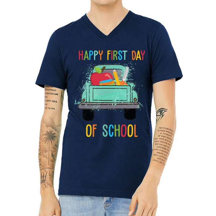 Happy First Day Of School Learning Truck V-Neck T-Shirt