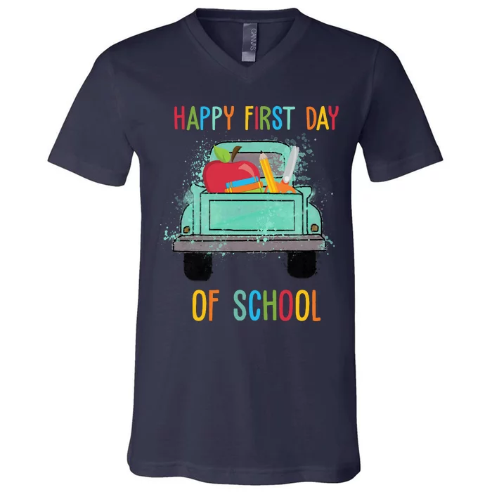 Happy First Day Of School Learning Truck V-Neck T-Shirt