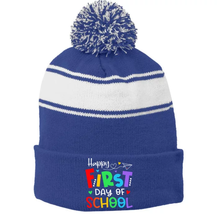 Happy First Day Of School Teacher Back To School Stripe Pom Pom Beanie