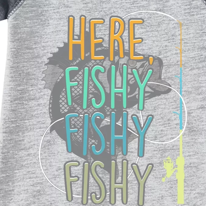 Here Fishy Fisherman Fishing Rod Fish Fishing Saying Angler Infant Baby Jersey Bodysuit