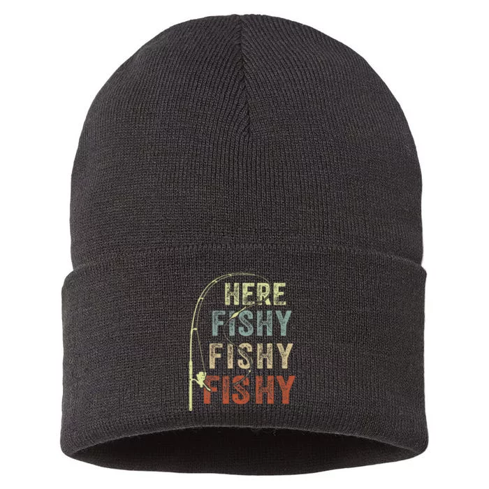 Here Fishy Fishing Bass Dad Women Kids Funny Sustainable Knit Beanie