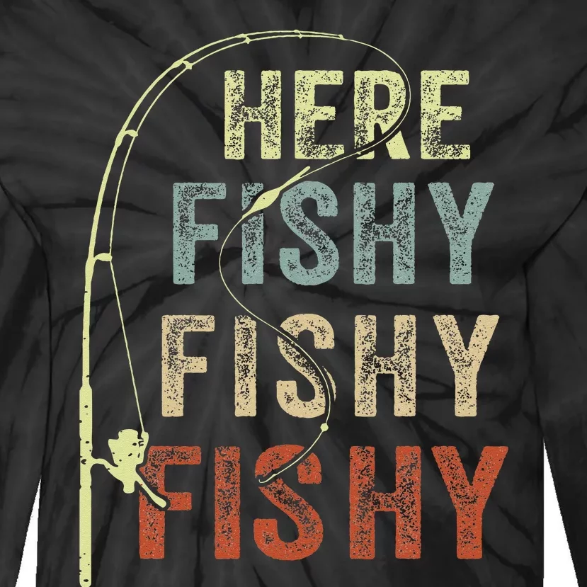 Here Fishy Fishing Bass Dad Women Kids Funny Tie-Dye Long Sleeve Shirt