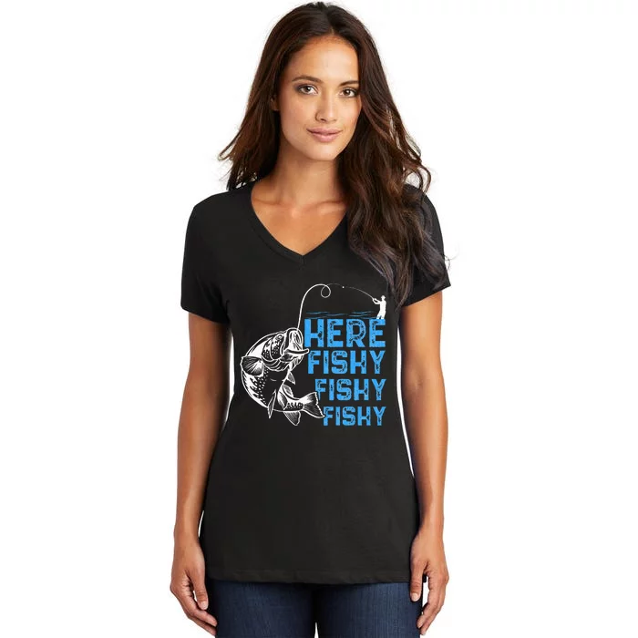 Here Fishy Funny Fishkeeping Aquarist Aquarium Graphic Women's V-Neck T-Shirt