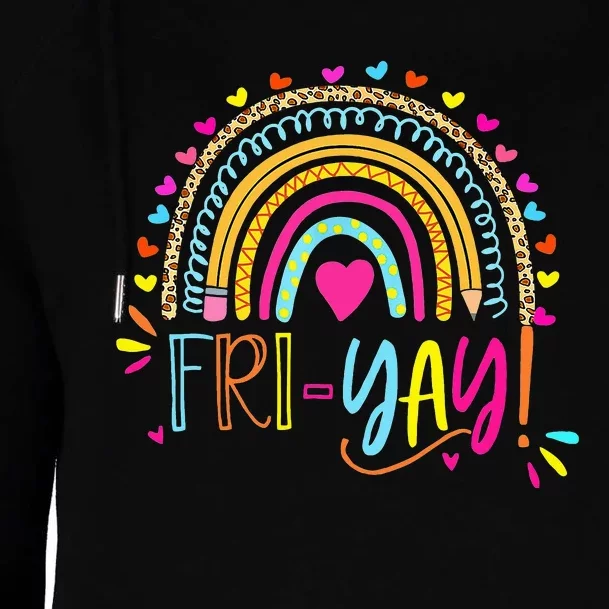 Happy Fri-Yay Friday Lovers Fun Teacher Gift Leopard Rainbow Womens Funnel Neck Pullover Hood