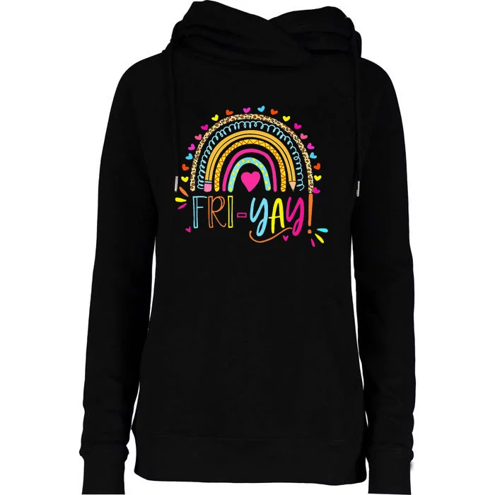 Happy Fri-Yay Friday Lovers Fun Teacher Gift Leopard Rainbow Womens Funnel Neck Pullover Hood