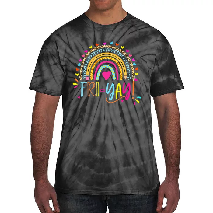 Happy Fri-Yay Friday Lovers Fun Teacher Gift Leopard Rainbow Tie-Dye T-Shirt