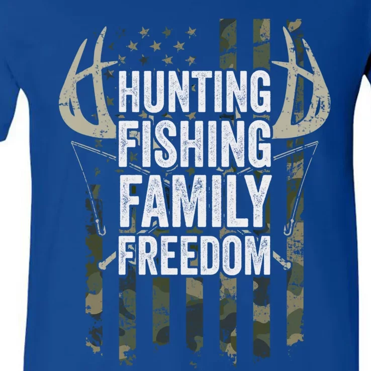 Hunting Fishing Family And Freedom Cool Gift Usa Flag Fisher Hunter Gift V-Neck T-Shirt