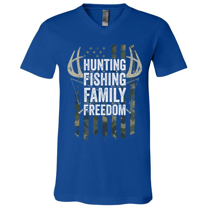 Hunting Fishing Family And Freedom Cool Gift Usa Flag Fisher Hunter Gift V-Neck T-Shirt