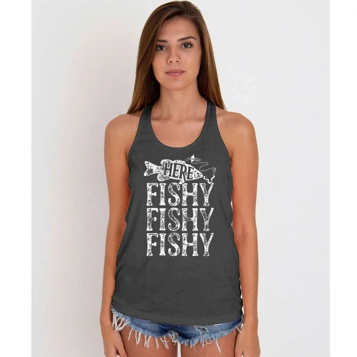 Here Fishy Fishy Fishy Fishing Women's Knotted Racerback Tank