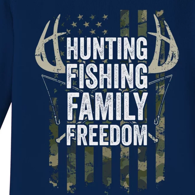 Hunting Fishing Family And Freedom Gift Usa Flag Fisher Hunter Gift Baby Long Sleeve Bodysuit