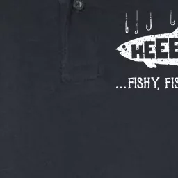 Here Fishy Funny Fish Fishing Lovers Heeeerree Fishy Fishy Softstyle Adult Sport Polo