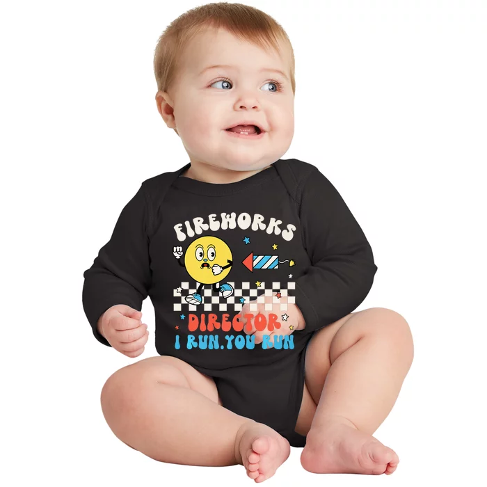 Hippie Face Fireworks Director I Run You Run 4th Of July Fun Baby Long Sleeve Bodysuit