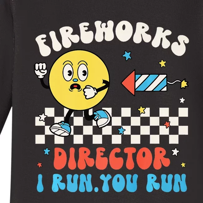 Hippie Face Fireworks Director I Run You Run 4th Of July Fun Baby Long Sleeve Bodysuit