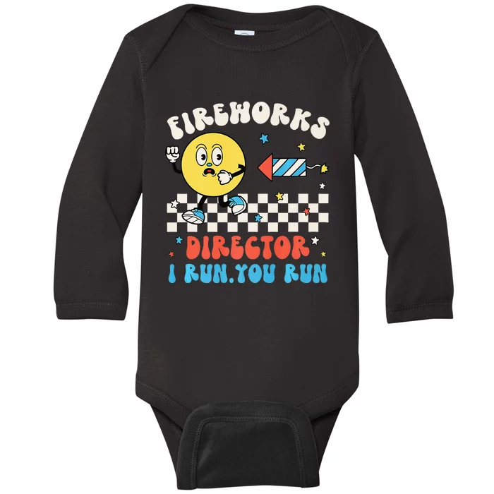 Hippie Face Fireworks Director I Run You Run 4th Of July Fun Baby Long Sleeve Bodysuit