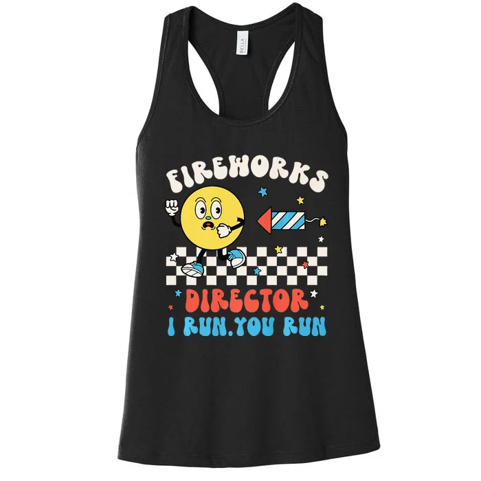 Hippie Face Fireworks Director I Run You Run 4th Of July Fun Women's Racerback Tank