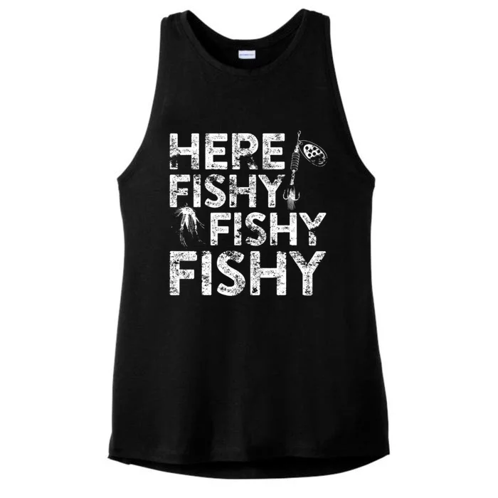 Here Fishy Fishy Fishy Fisherman Ladies Tri-Blend Wicking Tank