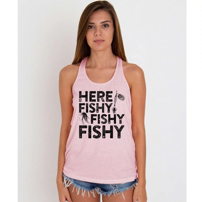 Here Fishy Fishy Fishy Gift Fisher Gifcool Gift Women's Knotted Racerback Tank