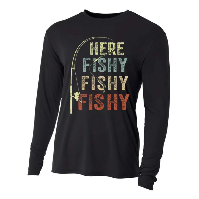 Here Fishy Fishing Bass Dad Women Kids Funny Cooling Performance Long Sleeve Crew