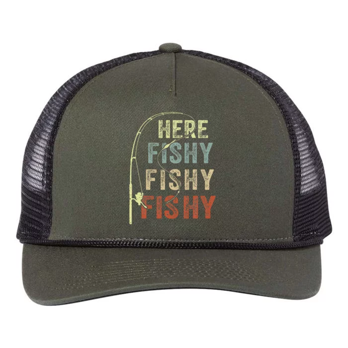 Here Fishy Fishing Bass Dad Women Kids Funny Retro Rope Trucker Hat Cap