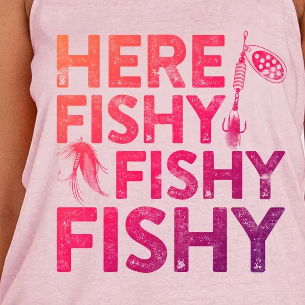 Here Fishy Fishy Fishy Gift Fisher Gifcool Gift Women's Knotted Racerback Tank