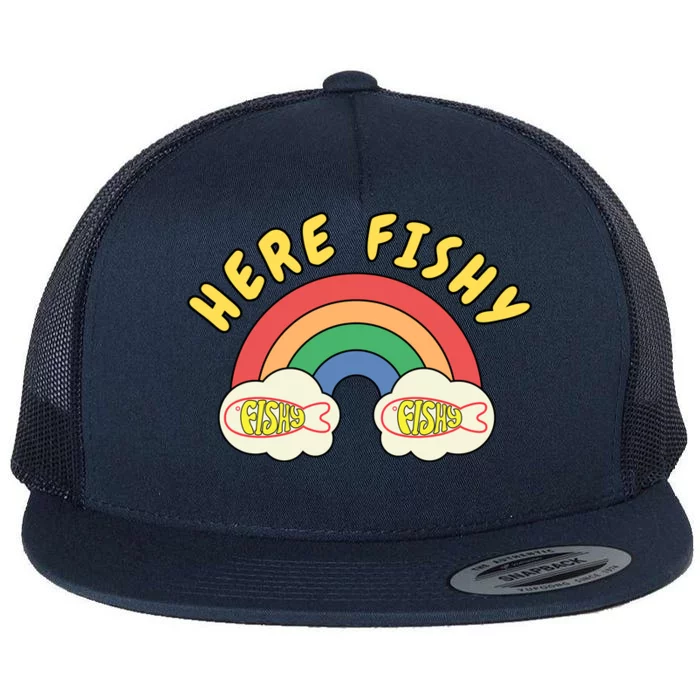 Here Fishy Fishy Fishy Funny Retro Rainbow Flat Bill Trucker Hat