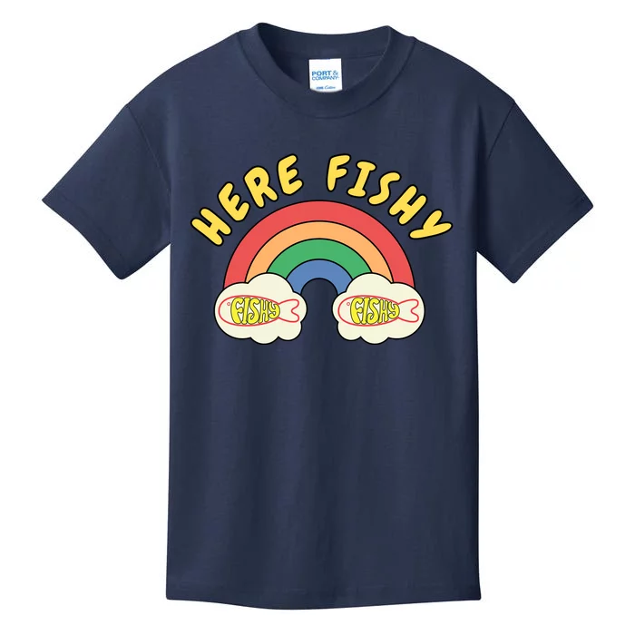 Here Fishy Fishy Fishy Funny Retro Rainbow Kids T-Shirt