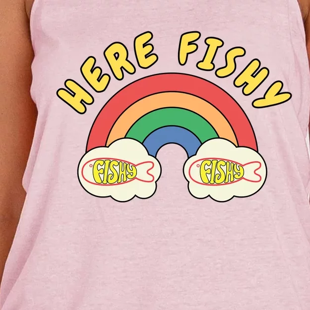 Here Fishy Fishy Fishy Funny Retro Rainbow Women's Knotted Racerback Tank