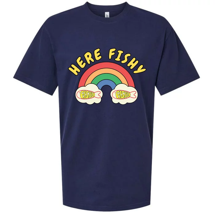 Here Fishy Fishy Fishy Funny Retro Rainbow Sueded Cloud Jersey T-Shirt