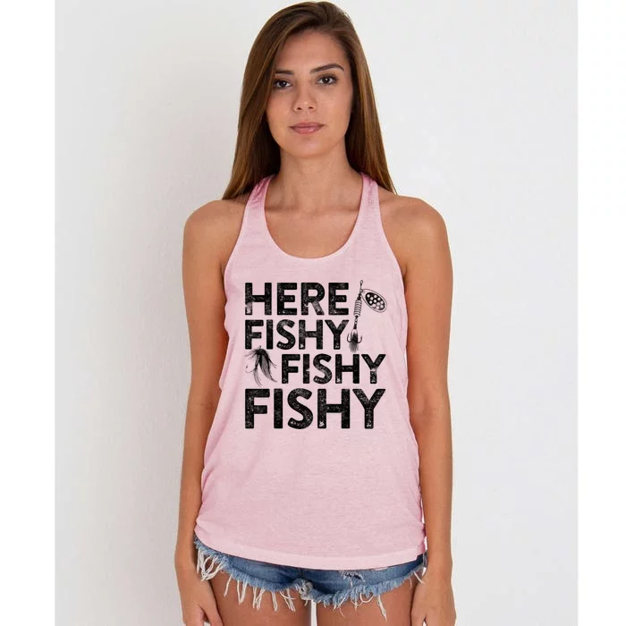 Here Fishy Fishy Fishy Fishing Fisherman Funny Quote Women's Knotted Racerback Tank