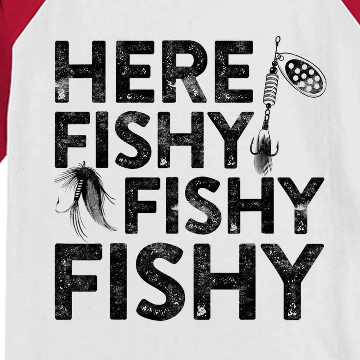 Here Fishy Fishy Fishy Fishing Fisherman Funny Quote Kids Colorblock Raglan Jersey