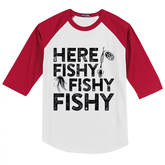 Here Fishy Fishy Fishy Fishing Fisherman Funny Quote Kids Colorblock Raglan Jersey