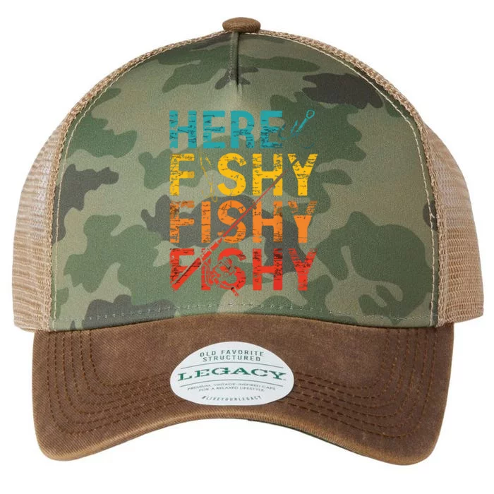 Here Fishy Fishy Fishy Fishing Gift Legacy Tie Dye Trucker Hat