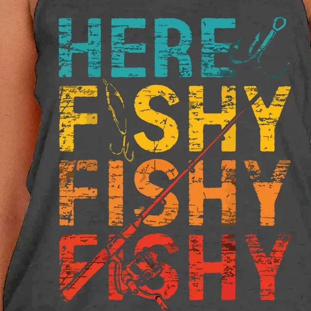 Here Fishy Fishy Fishy Fishing Gift Women's Knotted Racerback Tank