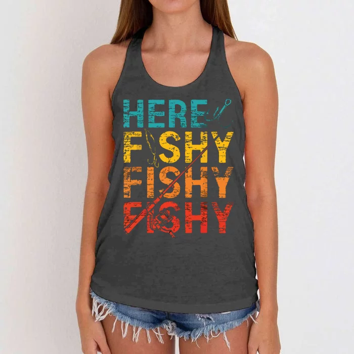 Here Fishy Fishy Fishy Fishing Gift Women's Knotted Racerback Tank