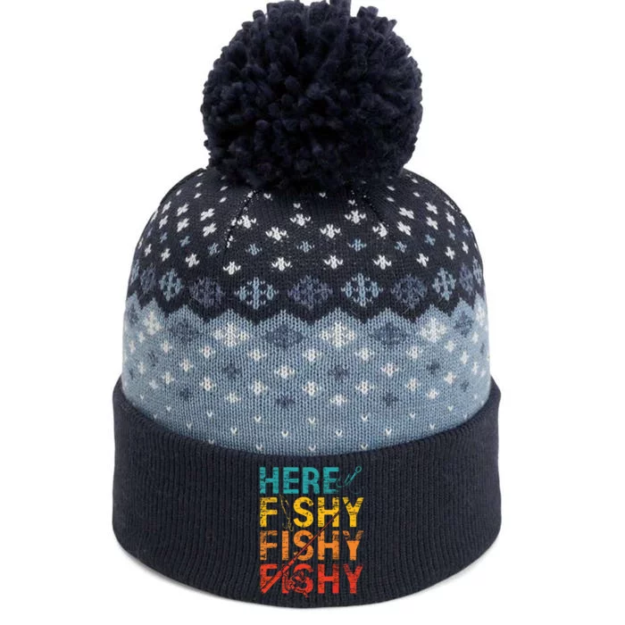 Here Fishy Fishy Fishy Fishing Gift The Baniff Cuffed Pom Beanie