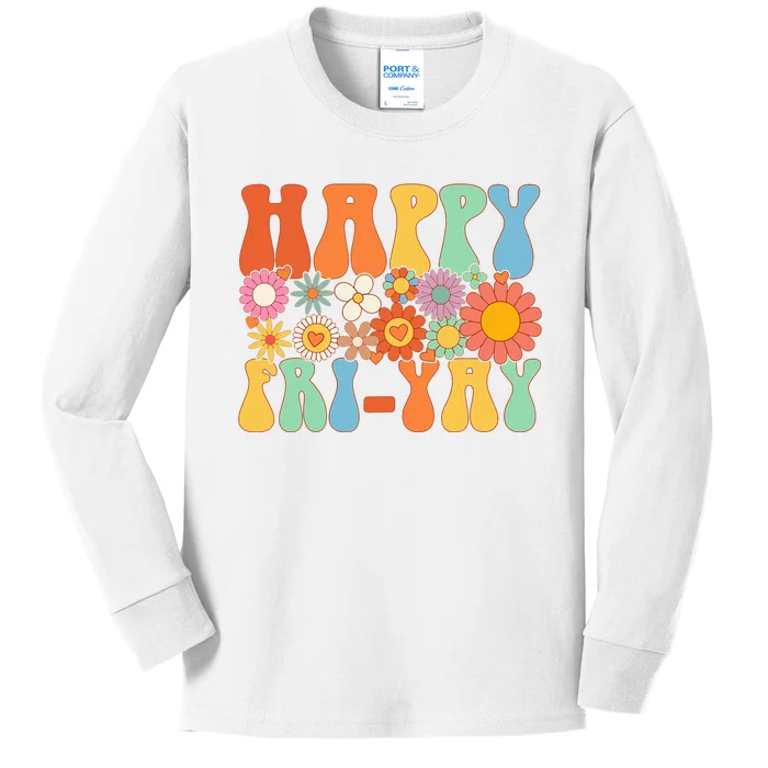 Happy Fri-Yay Friday Lovers Fun Teacher Groovy Kids Long Sleeve Shirt