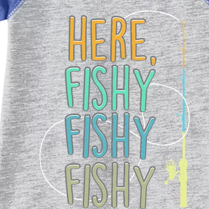 Here Fishy Fisherman Fishing Rod Fish Fishing Saying Angler Infant Baby Jersey Bodysuit