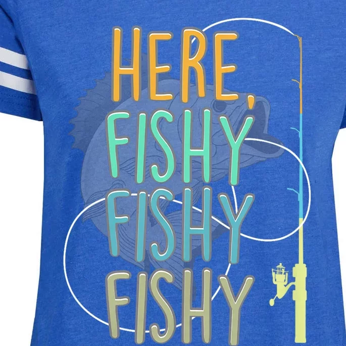 Here Fishy Fisherman Fishing Rod Fish Fishing Saying Angler Enza Ladies Jersey Football T-Shirt