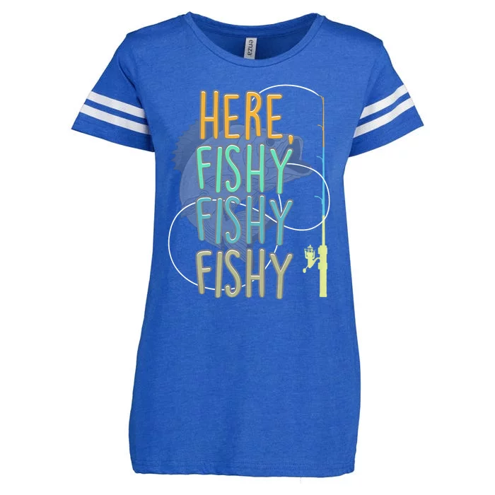 Here Fishy Fisherman Fishing Rod Fish Fishing Saying Angler Enza Ladies Jersey Football T-Shirt