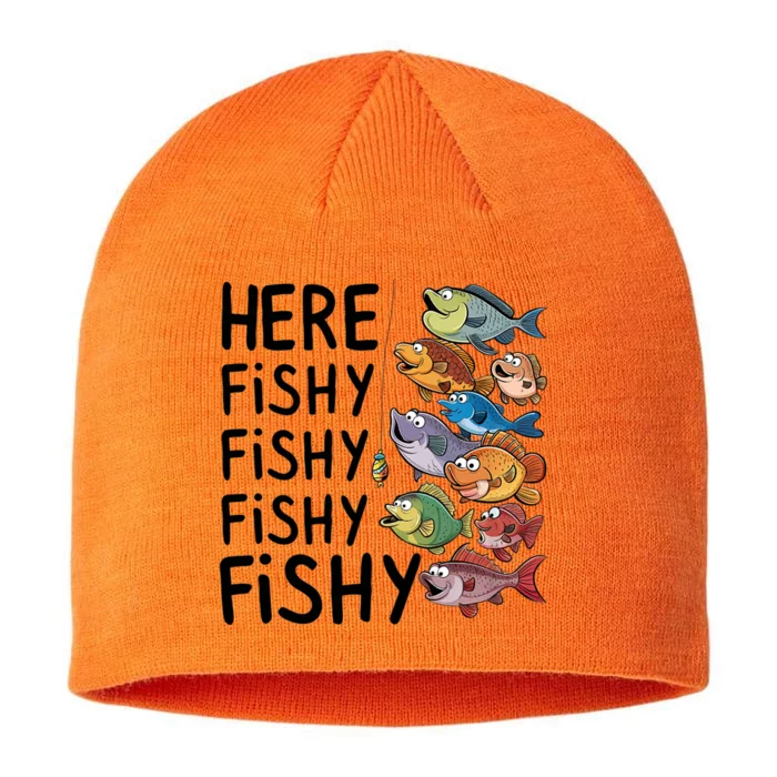 Here Fishy Fisherman Fishing Rod Fish Fishing Saying Angler 8 1/2in Sustainable Knit Beanie