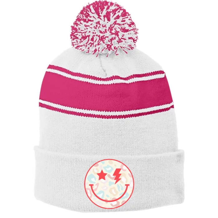 Happy Face Floral Preppy Aesthetic Smiling Face Stripe Pom Pom Beanie