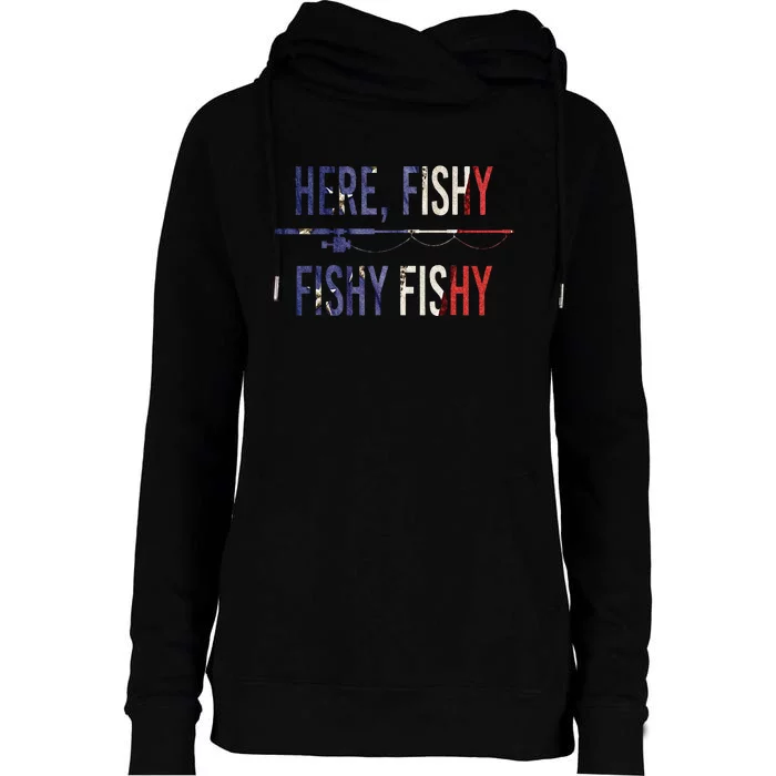 Here Fishy Fish Funny Angling Fishing Dad Fisherman Gift Womens Funnel Neck Pullover Hood