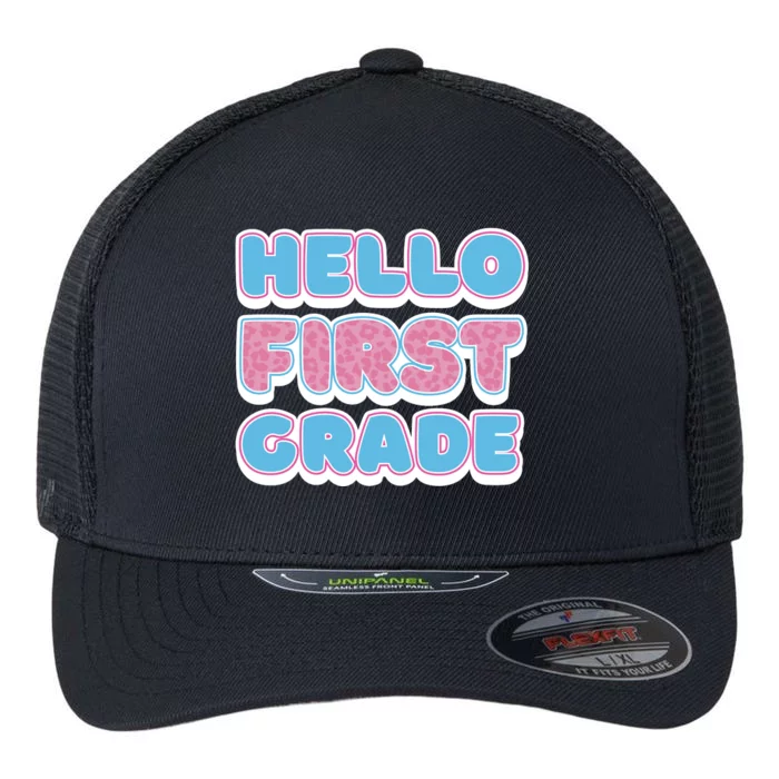 Hello First Grade Back To School Flexfit Unipanel Trucker Cap