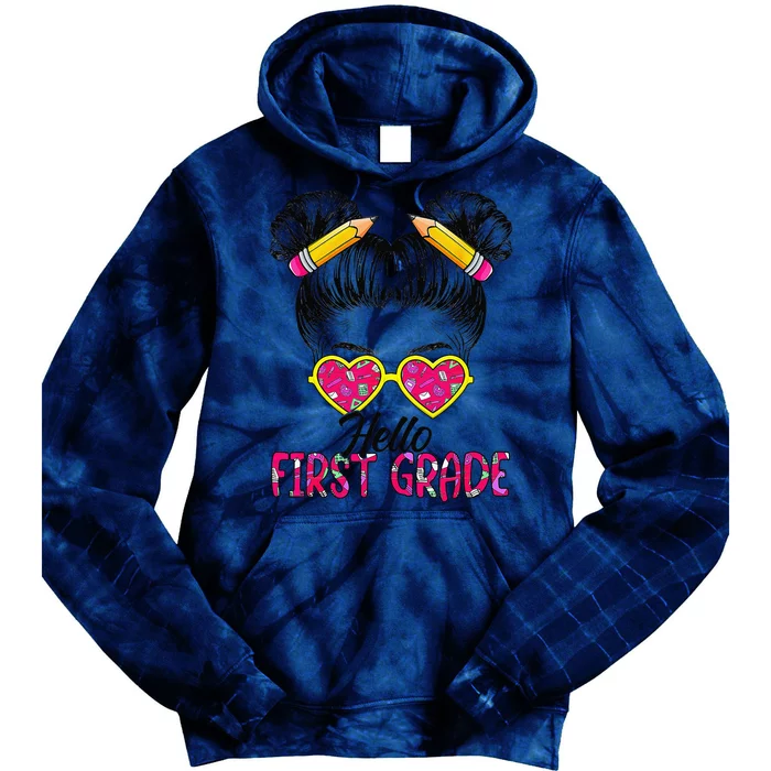 Hello First Grade Messy Bun Back To School First Day Gift Tie Dye Hoodie