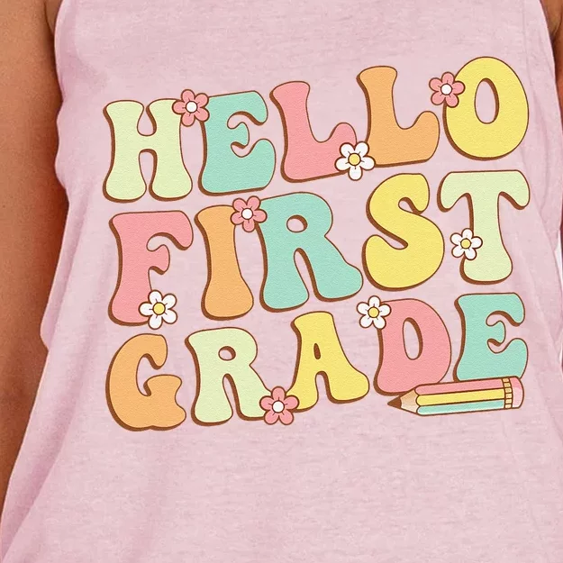 Hello First Grade Team 1st Grade Teacher Girl Back To School Women's Knotted Racerback Tank