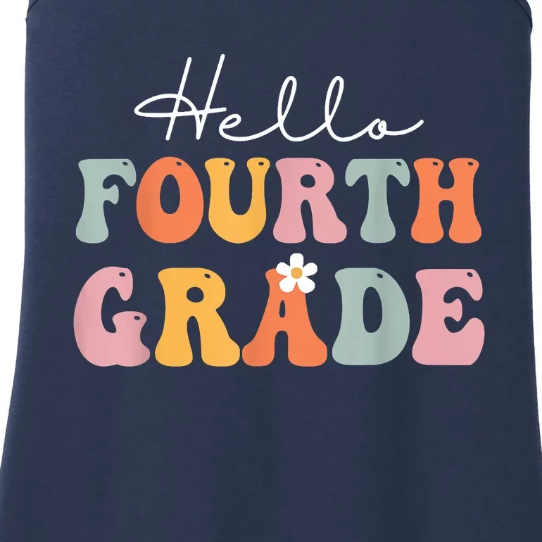 Hello Fourth Grade Back To School Groovy Teacher Student Ladies Essential Tank