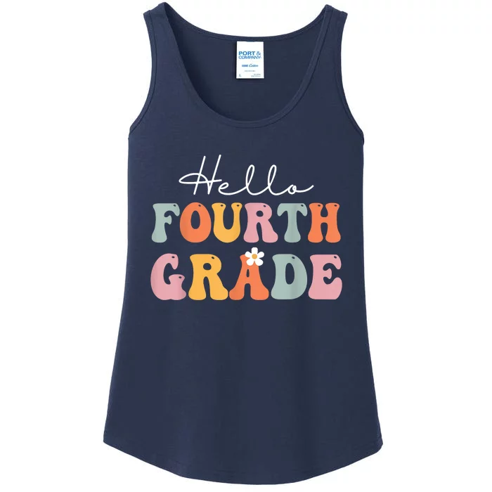 Hello Fourth Grade Back To School Groovy Teacher Student Ladies Essential Tank