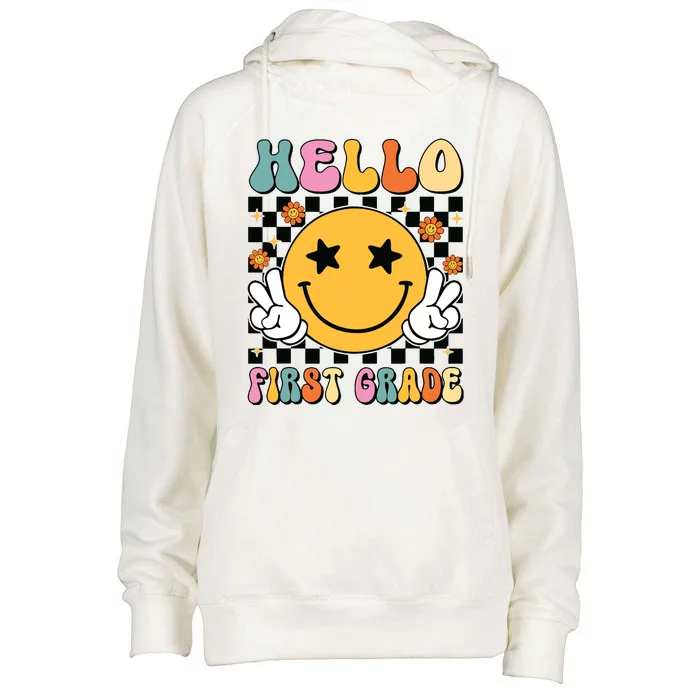 Hello First Grade Team 1st Grade Teacher Girl Back To School Womens Funnel Neck Pullover Hood