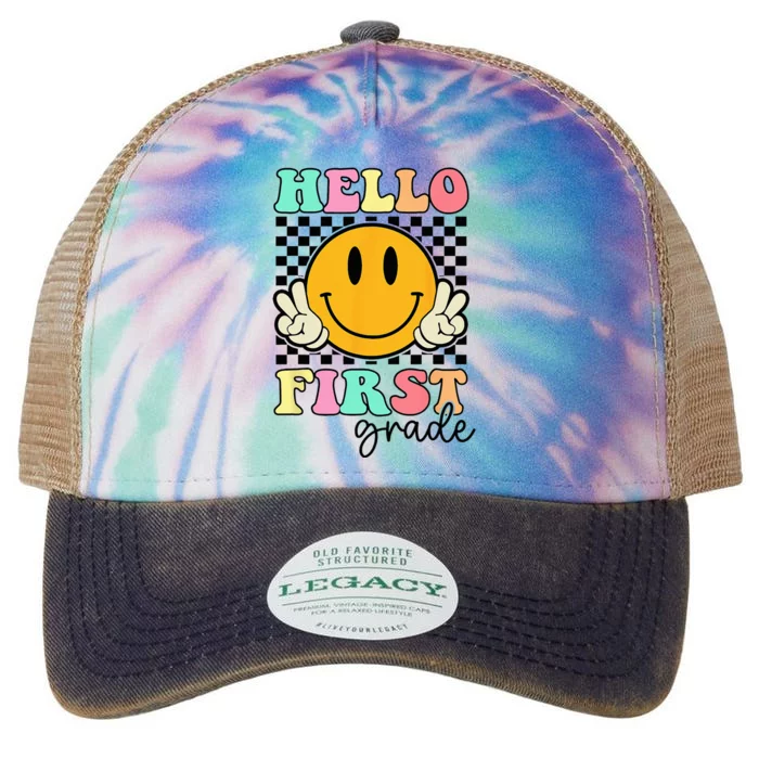 Hello First Grade Retro Smile Team 1st Grade Back to School Legacy Tie Dye Trucker Hat